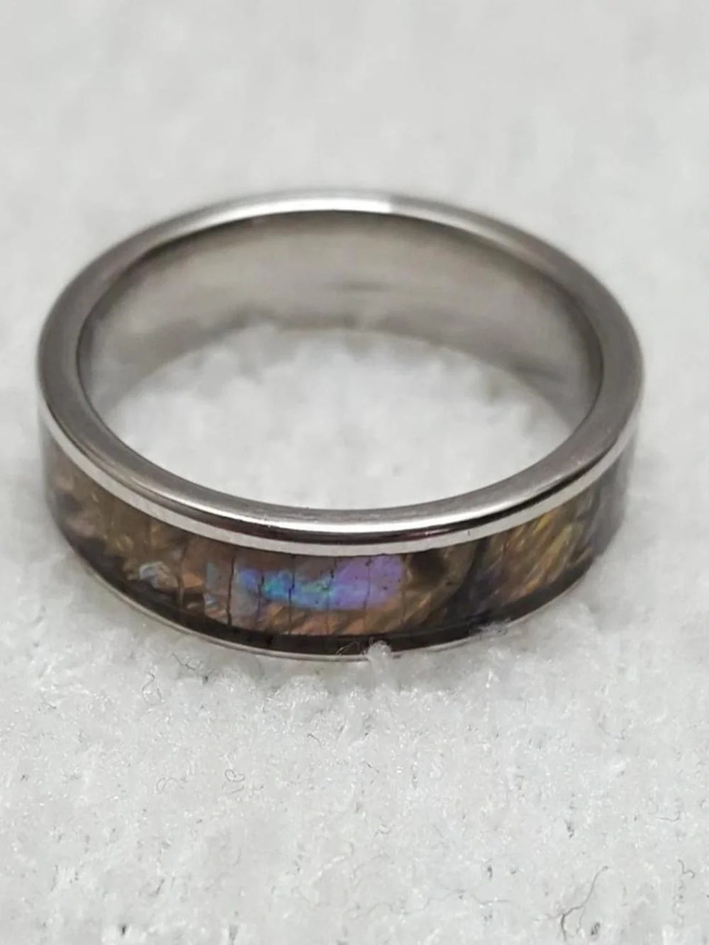 Abalone Inlay Stainless Steel Band Ring - Iridescent Green & Blue